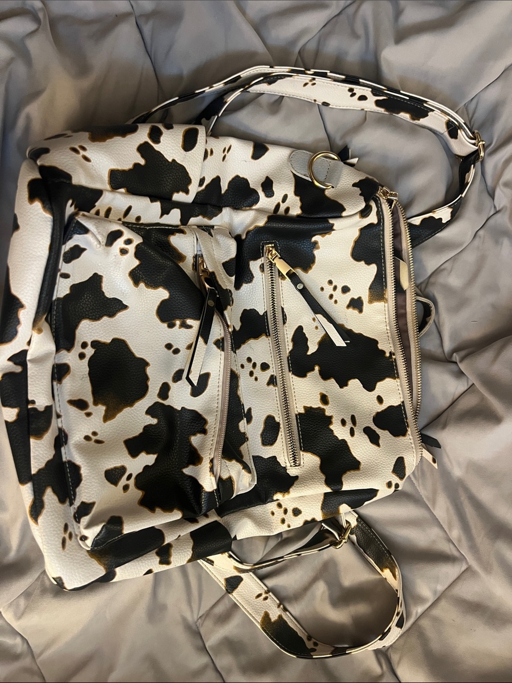 Cow Print Faux Leather Backpack Purse - Black & White